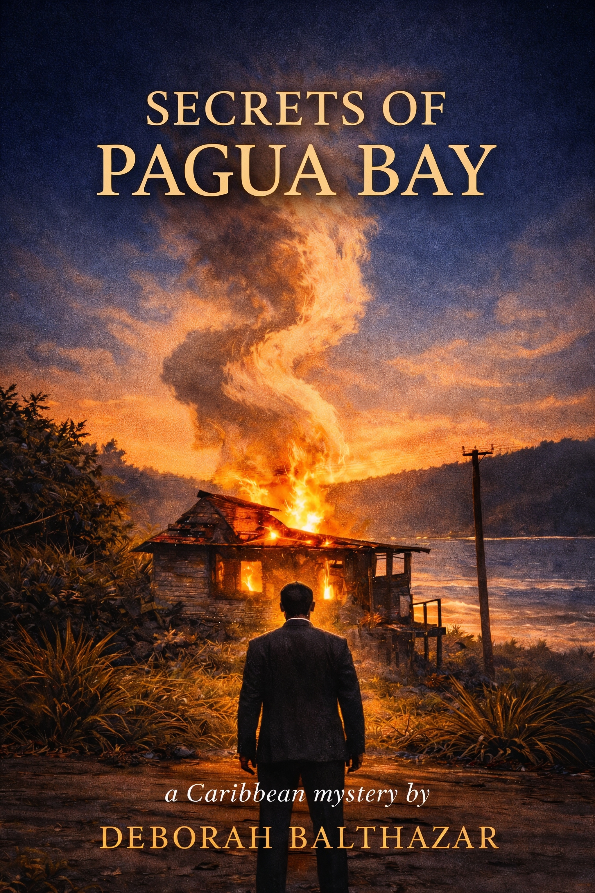 Secrets of Pagua Bay book cover — a man silhouetted against a burning house on the Caribbean coast at dusk